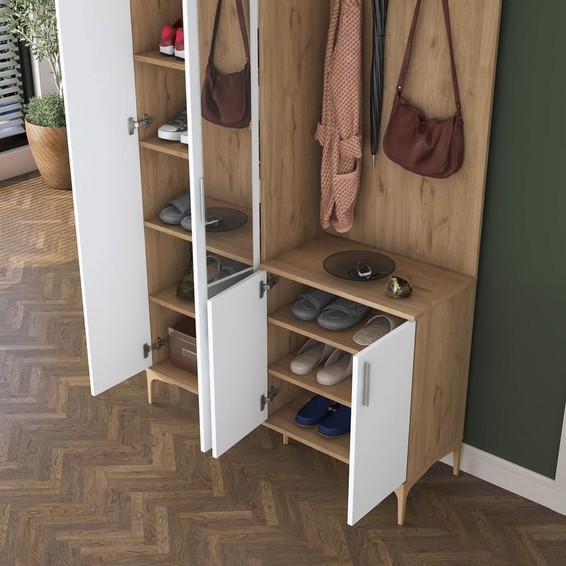 Eteiskaluste Wallxpert Dara EA147 (120 x 198,6 x 37,5 cm) pähkinä valkoinen - Pähkinäpuu ja valkoinen - Säilytys - Kaappi - Vitriini