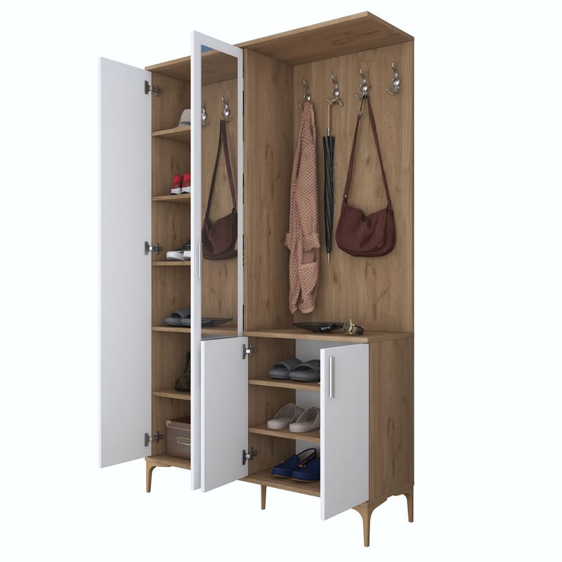 Eteiskaluste Wallxpert Dara EA147 (120 x 198,6 x 37,5 cm) pähkinä valkoinen - Pähkinäpuu ja valkoinen - Säilytys - Kaappi - Vitriini