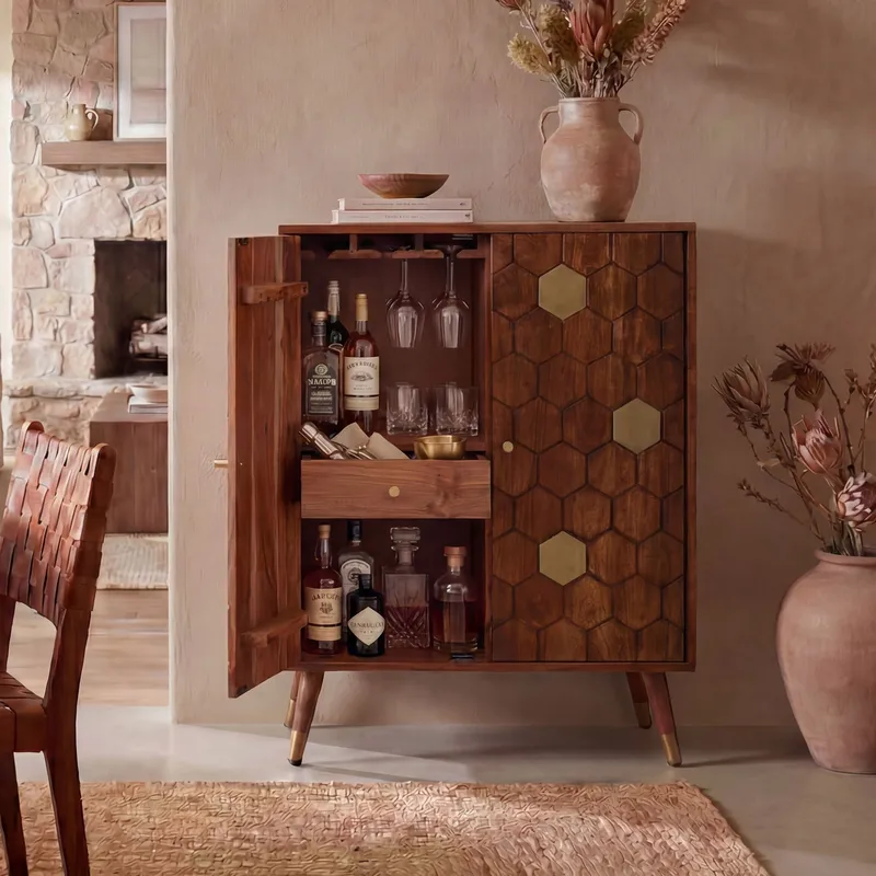 Invara-baarikaappi 75x96 cm massiivisesta akaasiapuusta - lämmin ruskea - Säilytys - Kaappi - Baarikaappi