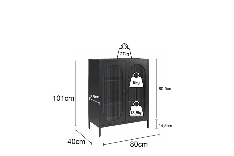 Kaappi Luna 80x40x102 cm, Musta - 80x40x102 cm, Musta - Säilytys - Kaappi - Vitriini