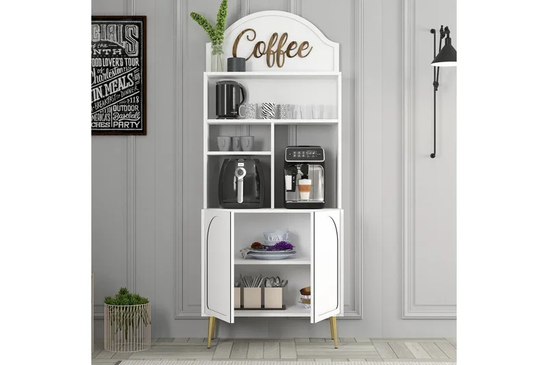 Kahvibaari Kaappi Hazim Kaksi Valkoinen / Kulta - Valkoinen / Kulta - Säilytys - Kaappi - Baarikaappi