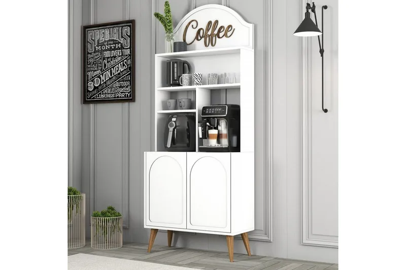 Kahvibaari Kaappi Hazim Kaksi Valkoinen / Pähkinäpuu - Valkoinen / Pähkinäpuu - Säilytys - Kaappi - Baarikaappi