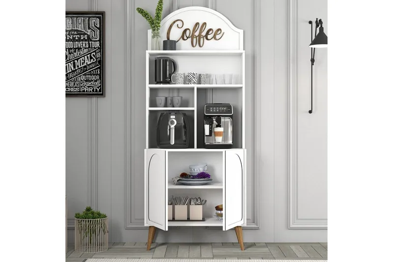 Kahvibaari Kaappi Hazim Kaksi Valkoinen / Pähkinäpuu - Valkoinen / Pähkinäpuu - Säilytys - Kaappi - Baarikaappi