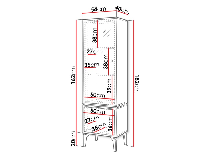 Lorvenn Vitriinikaappi 54x182 cm - Ruskea/Musta - Säilytys - Kaappi - Vitriini