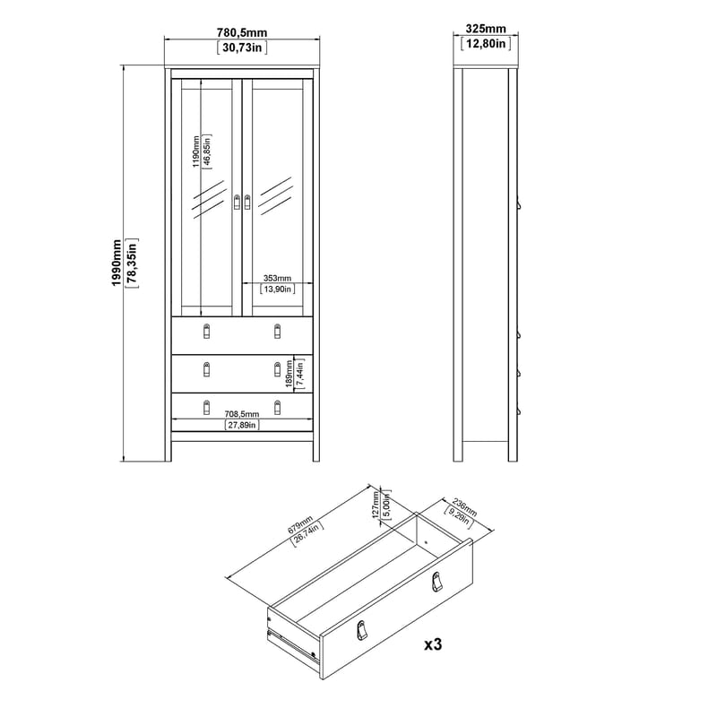 Madrid vitriinikaappi 2 lasiovella 3 laatikolla 78x199 cm - Säilytys - Kaappi - Vitriini