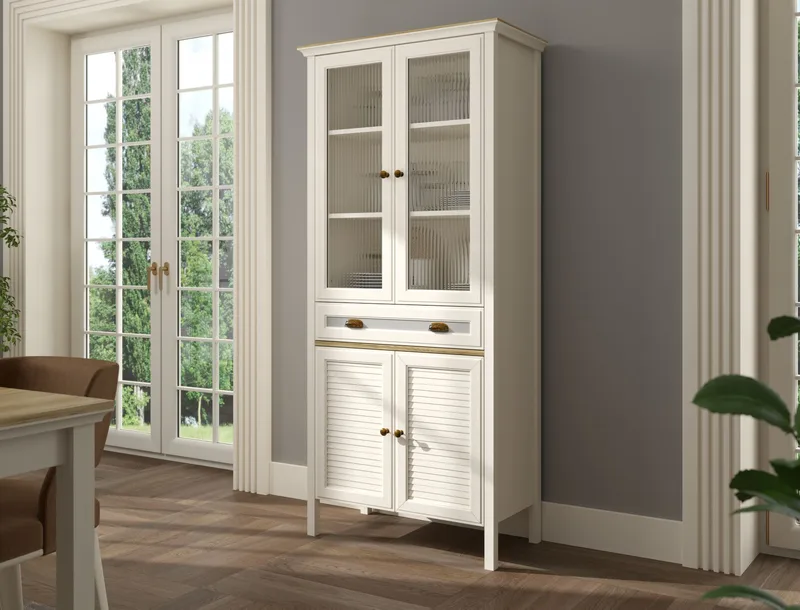 Murina Monitoimikaappi 88x194 cm - Kerma, tammi, harmaa - Säilytys - Kaappi - Vitriini