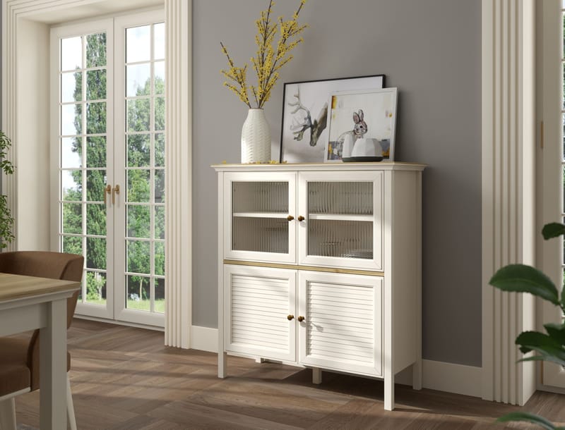 Natira Monitoimikaappi 110x120 cm - Kerma ja tammi - Säilytys - Kaappi - Vitriini