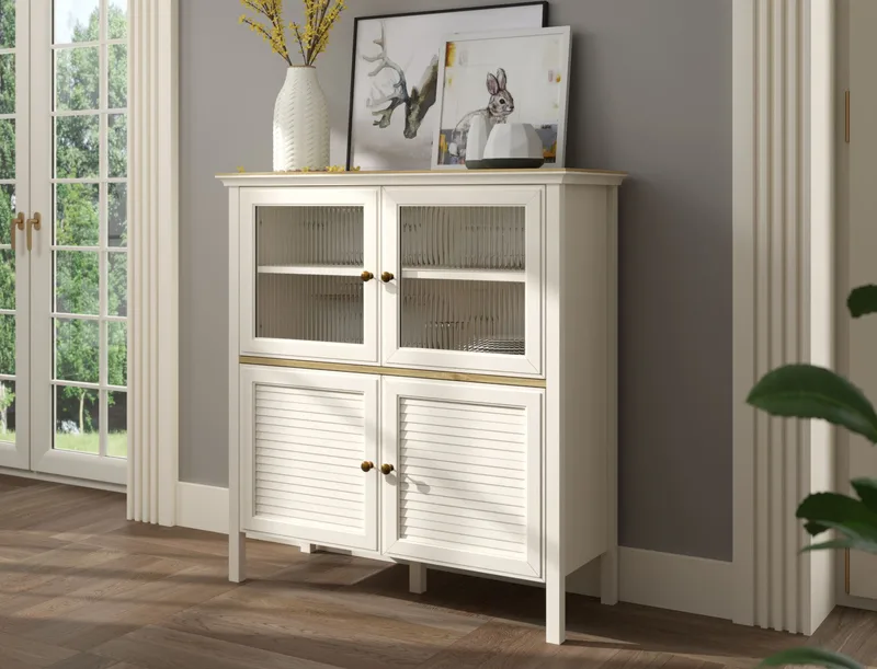 Natira Monitoimikaappi 110x120 cm - Kerma ja tammi - Säilytys - Kaappi - Vitriini