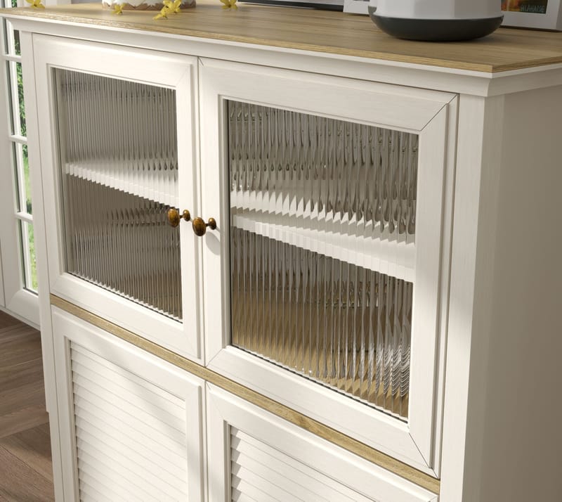 Natira Monitoimikaappi 110x120 cm - Kerma ja tammi - Säilytys - Kaappi - Vitriini