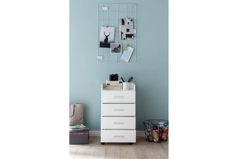 Rullakontti Wohnling 4 laatikkoa, pyörillä, säilytyslokero, peitetty lastulevy, moderni tyyli Valkoinen - Valkoinen - Säilytys - Säilytyskalusteet - Lipasto - Laatikostot