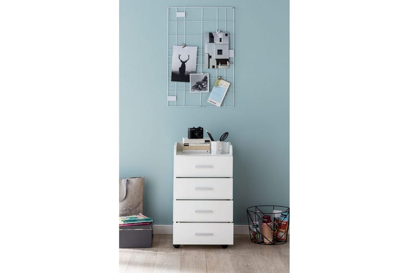 Rullakontti Wohnling 4 laatikkoa, pyörillä, säilytyslokero, peitetty lastulevy, moderni tyyli Valkoinen - Valkoinen - Säilytys - Säilytyskalusteet - Lipasto - Laatikostot