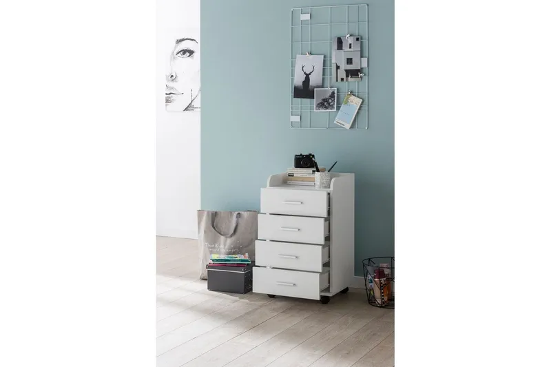 Rullakontti Wohnling 4 laatikkoa, pyörillä, säilytyslokero, peitetty lastulevy, moderni tyyli Valkoinen - Valkoinen - Säilytys - Säilytyskalusteet - Lipasto - Laatikostot