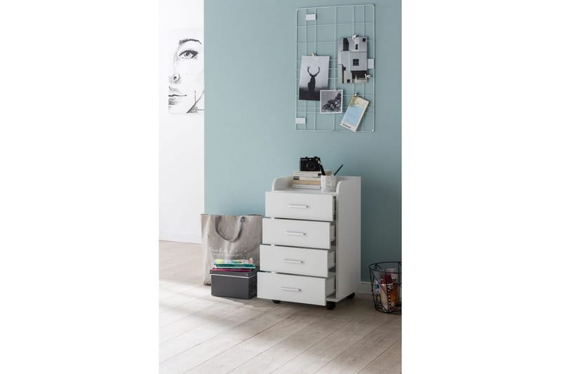 Rullakontti Wohnling 4 laatikkoa, pyörillä, säilytyslokero, peitetty lastulevy, moderni tyyli Valkoinen - Valkoinen - Säilytys - Säilytyskalusteet - Lipasto - Laatikostot