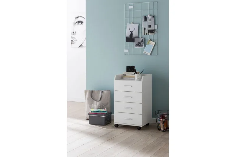 Rullakontti Wohnling 4 laatikkoa, pyörillä, säilytyslokero, peitetty lastulevy, moderni tyyli Valkoinen - Valkoinen - Säilytys - Säilytyskalusteet - Lipasto - Laatikostot