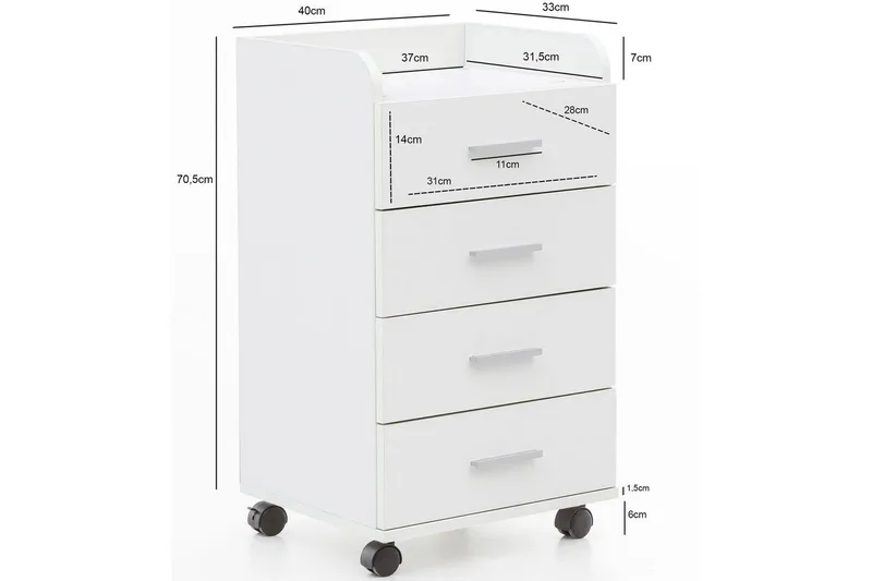 Rullakontti Wohnling 4 laatikkoa, pyörillä, säilytyslokero, peitetty lastulevy, moderni tyyli Valkoinen - Valkoinen - Säilytys - Säilytyskalusteet - Lipasto - Laatikostot