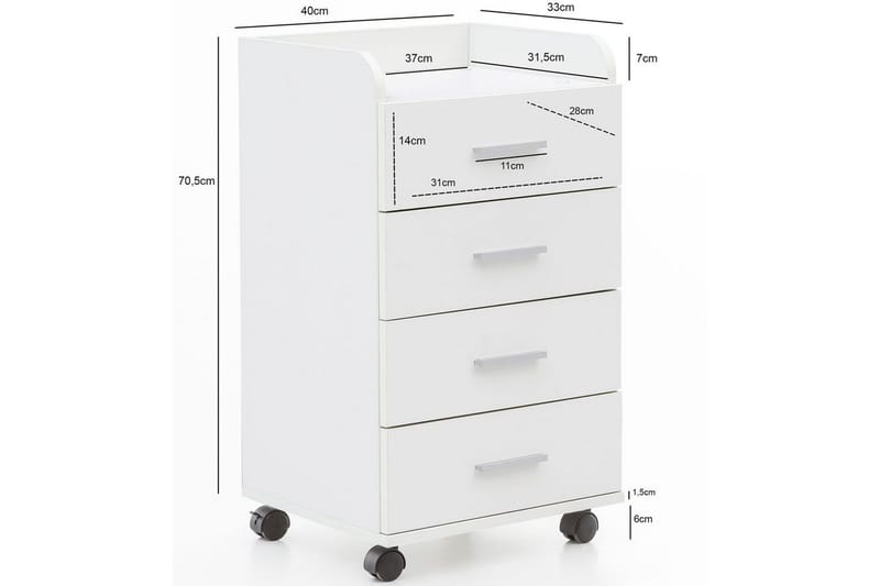 Rullakontti Wohnling 4 laatikkoa, pyörillä, säilytyslokero, peitetty lastulevy, moderni tyyli Valkoinen - Valkoinen - Säilytys - S äilytyskalusteet - Lipasto - Laatikostot