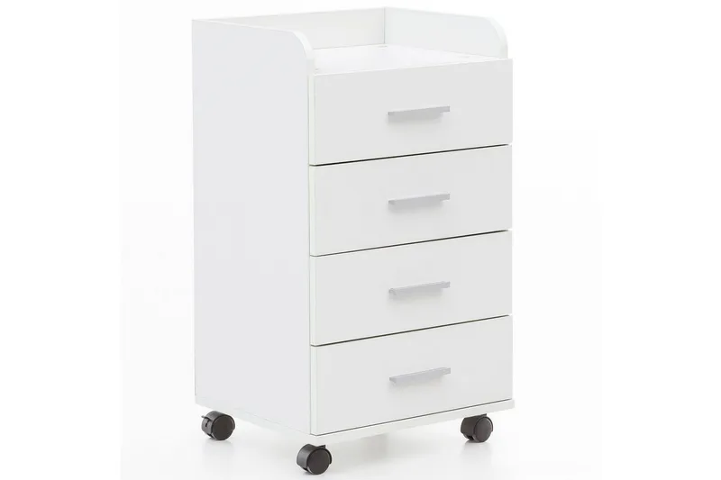 Rullakontti Wohnling 4 laatikkoa, pyörillä, säilytyslokero, peitetty lastulevy, moderni tyyli Valkoinen, Valkoinen