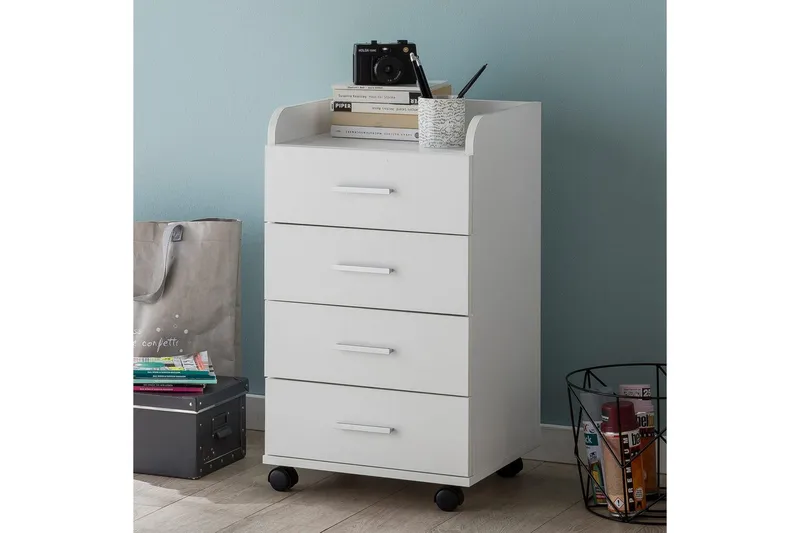 Rullakontti Wohnling 4 laatikkoa, pyörillä, säilytyslokero, peitetty lastulevy, moderni tyyli Valkoinen - Valkoinen - Säilytys - Säilytyskalusteet - Lipasto - Laatikostot