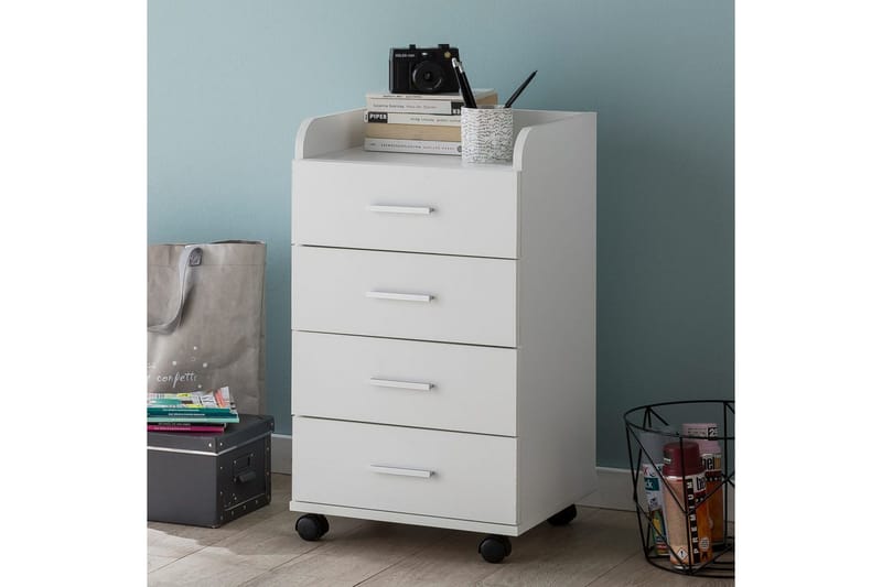 Rullakontti Wohnling 4 laatikkoa, pyörillä, säilytyslokero, peitetty lastulevy, moderni tyyli Valkoinen - Valkoinen - Säilytys - Säilytyskalusteet - Lipasto - Laatikostot