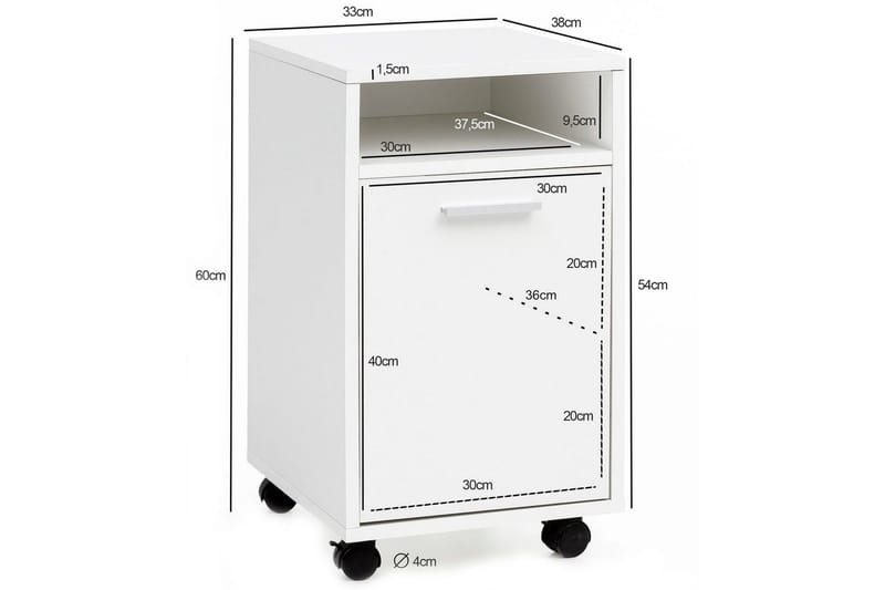Rullakontti Wohnling säilytysalusta, 1 ovi, kalvopäällysteinen lastulevy pyörillä, moderni tyyli Valkoinen - Valkoinen - Säilytys - Säilytyskalusteet - Lipasto - Laatikostot
