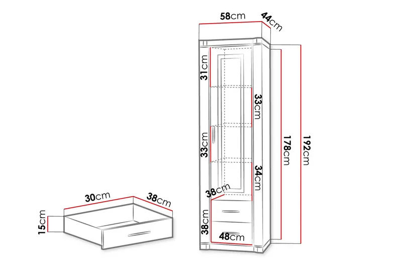 Dallas Vitriinikaappi 58x43,5x192 cm - Säilytys - Kaappi - Vitriini