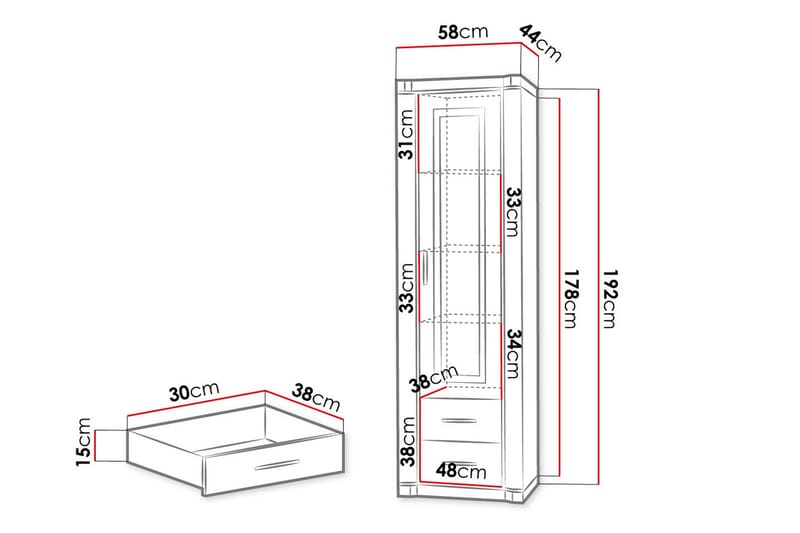 Dallas Vitriinikaappi 58x43,5x192 cm - Säilytys - Kaappi - Vitriini