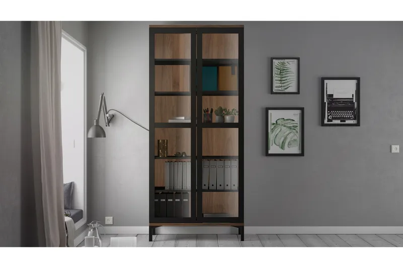 Vitriinikaappi Abner 89 cm 2 ovea jaloilla - Musta/Pähkinä - Säilytys - Kaappi - Vitriini