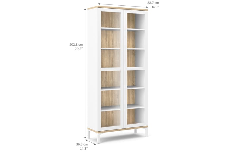 Vitriinikaappi Abner 89 cm 2 ovea jaloilla - Valkoinen/tammi - Säilytys - Kaappi - Vitriini