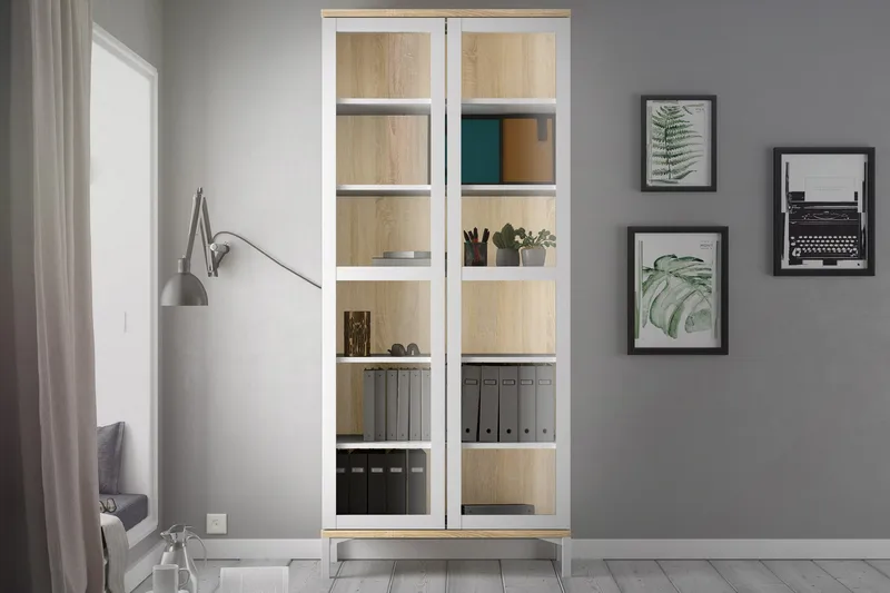 Vitriinikaappi Abner 89 cm 2 ovea jaloilla - Valkoinen/tammi - Säilytys - Kaappi - Vitriini