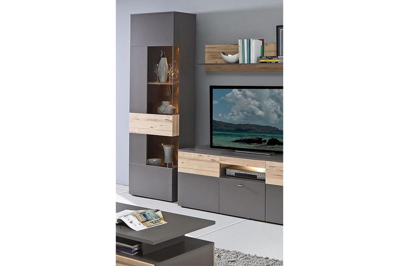 Vitriinikaappi Leonie sis Valaistus - Tammi/Harmaa - Säilytys - Kaappi - Vitriini