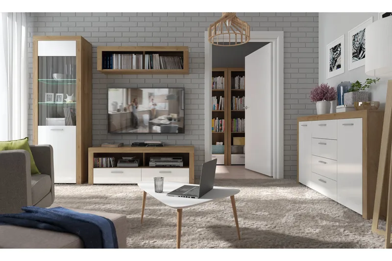 Vitriinikaappi Sitar - Puu/Luonnonväri/Valkoinen - Säilytys - Kaappi - Vitriini