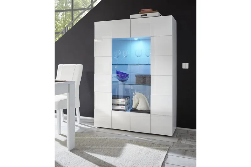 Vitriinikaappi Tabor 121 cm - Valkoinen Korkeakiilto - Säilytys - Kaappi - Vitriini