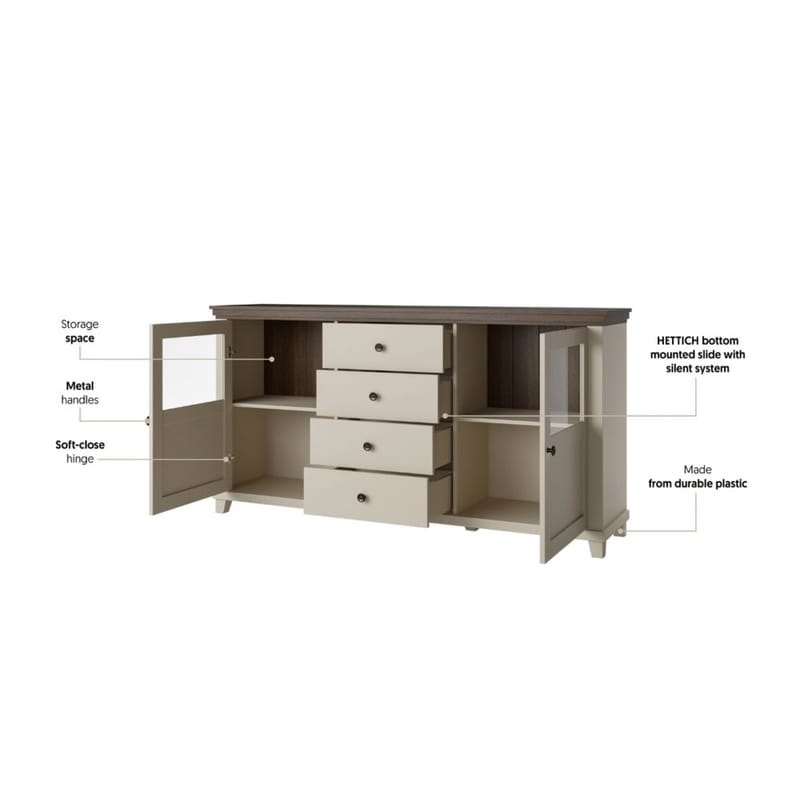 Vitriinikaappi Evora 2 ovea ja 4 laatikkoa - Vaalea beige - Säilytys - Kaappi - Vitriini