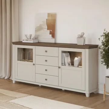 Vitriinikaappi Evora 2 ovea ja 4 laatikkoa - Vaalea beige - Säilytys - Kaappi - Vitriini