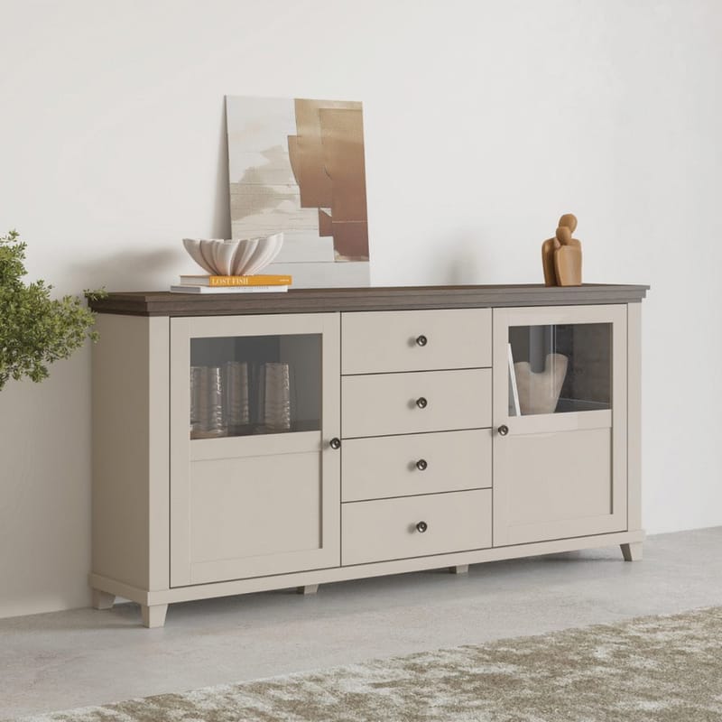 Vitriinikaappi Evora 2 ovea ja 4 laatikkoa - Vaalea beige - Säilytys - Kaappi - Vitriini