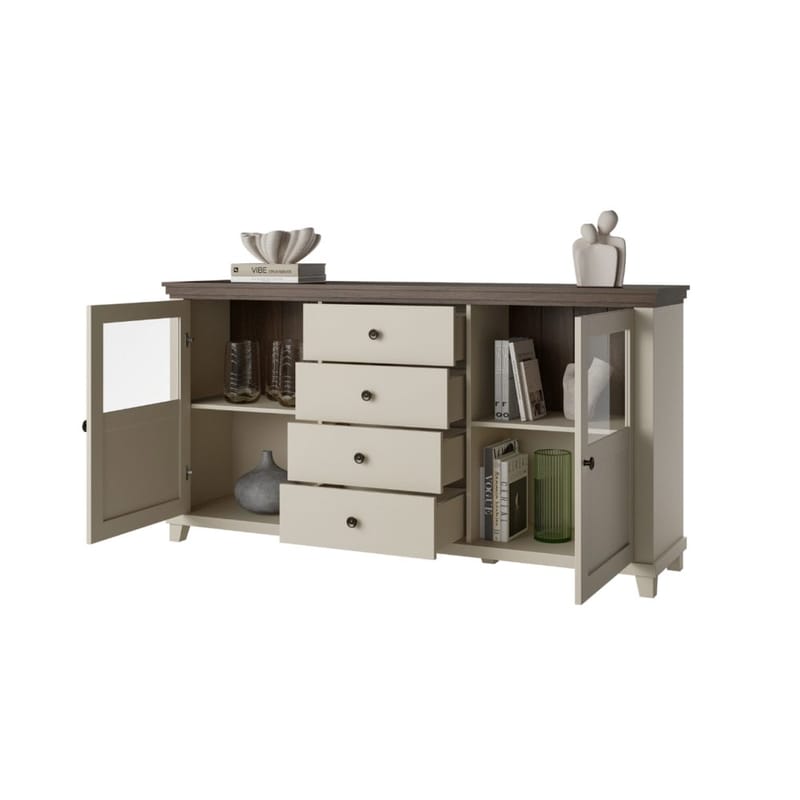 Vitriinikaappi Evora 2 ovea ja 4 laatikkoa - Vaalea beige - Säilytys - Kaappi - Vitriini