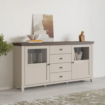 Vitriinikaappi Evora 2 ovea ja 4 laatikkoa - Vaalea beige - Säilytys - Kaappi - Vitriini