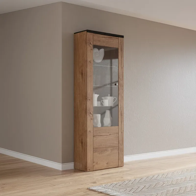 Vitriinikaappi Larona 1 ovi - Lefkas tammi, 206 cm - Säilytys - Kaappi - Vitriini