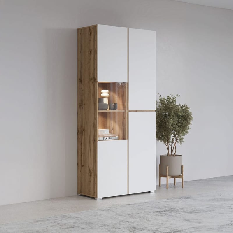 Vitriinikaappi Risti 3 ovea - Valkoinen - Wotan-tammi - Säilytys - Kaappi - Vitriini