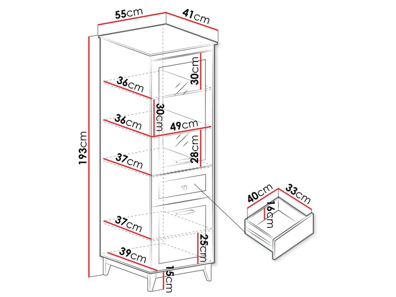Zeylor Vitriinikaappi 193 cm - Säilytys - Kaappi - Vitriini