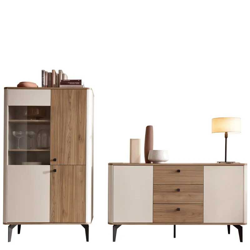 Zeyrin Olohuoneen kalustesetti - Senkki + Vitriinikaappi, Ruskea|beige|musta