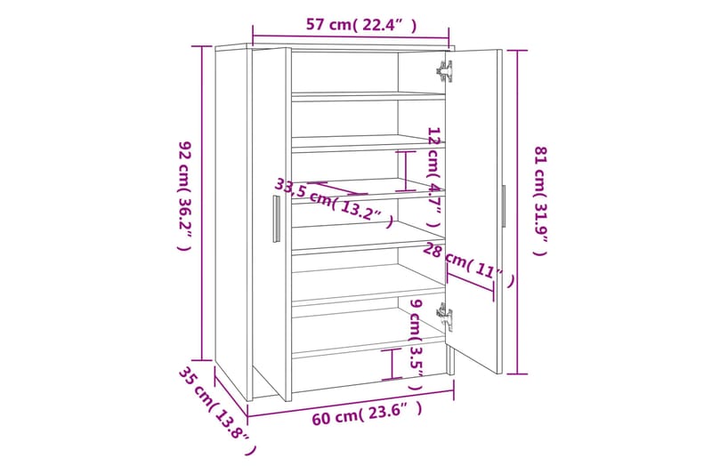 beBasic Kenkäteline harmaa Sonoma 60x35x92 cm tekninen puu - Harmaa - Säilytys - Kenkäsäilytys