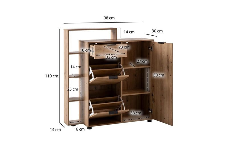 Kenkäkaappi Wohnling Massa 2 ulos käännettävää lokeroa 12 parille kalvopinnoitettua lastulevyä ja 1 ovi hylly - Säilytys - Kenkäsäilytys