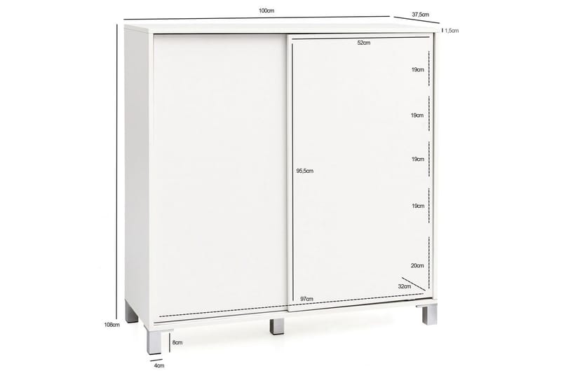 Kenkäkaappi Wohnling melamiinipäällystetty MDF, liukuovet, 20 parille Valkoinen - Valkoinen - Säilytys - Kenkäsäilytys