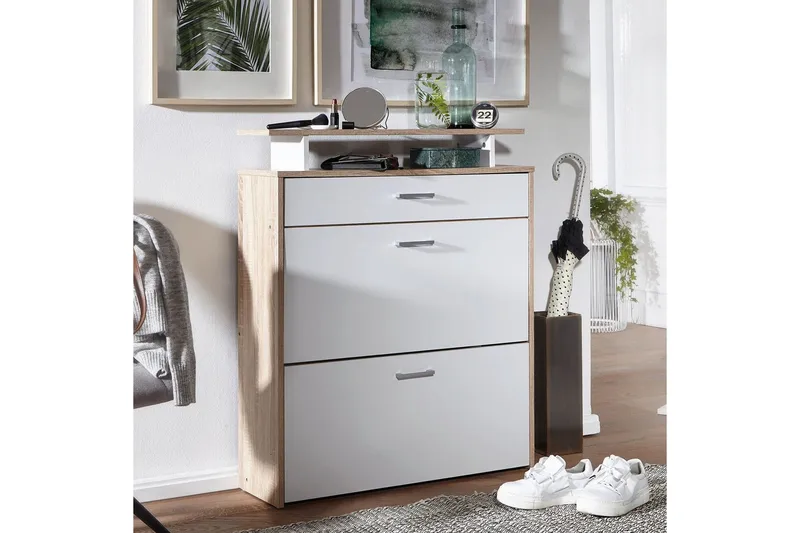 Kenkäkaappi Wohnling Pinnoitettu lastulevy hyllysäilytyksellä, 2 kallistettavaa lokeroa, 1 laatikko - Säilytys - Kenkäsäilytys