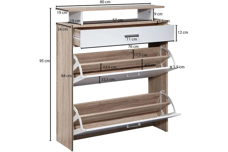 Kenkäkaappi Wohnling Pinnoitettu lastulevy hyllysäilytyksellä, 2 kallistettavaa lokeroa, 1 laatikko - Säilytys - Kenkäsäilytys