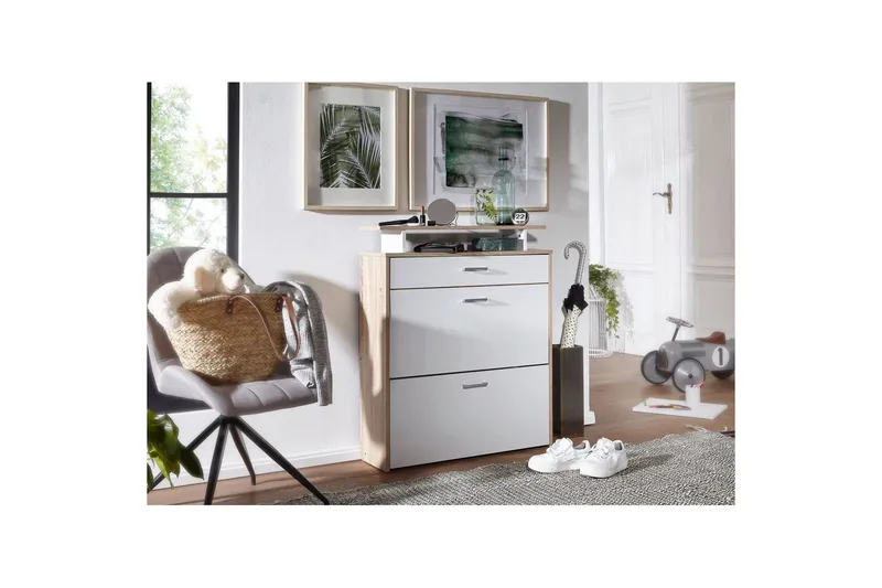 Kenkäkaappi Wohnling Pinnoitettu lastulevy hyllysäilytyksellä, 2 kallistettavaa lokeroa, 1 laatikko - Säilytys - Kenkäsäilytys