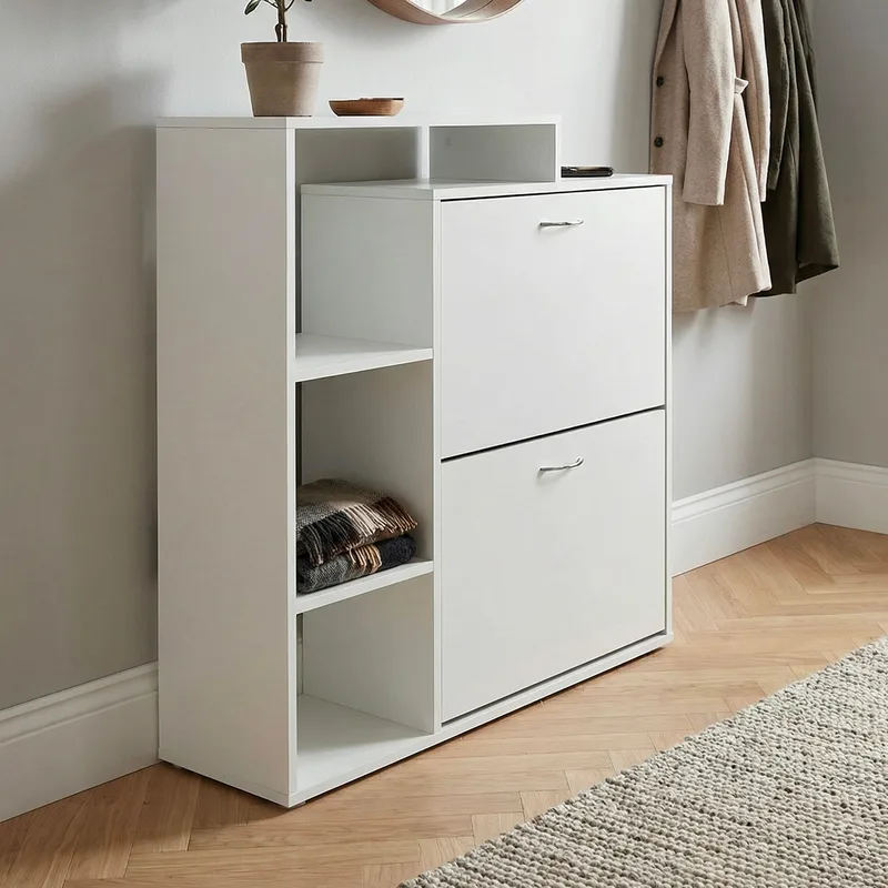 Noraro-kenkäkaappi 85 cm - valkoinen ja krominvärinen - Säilytys - Kenkäsäilytys