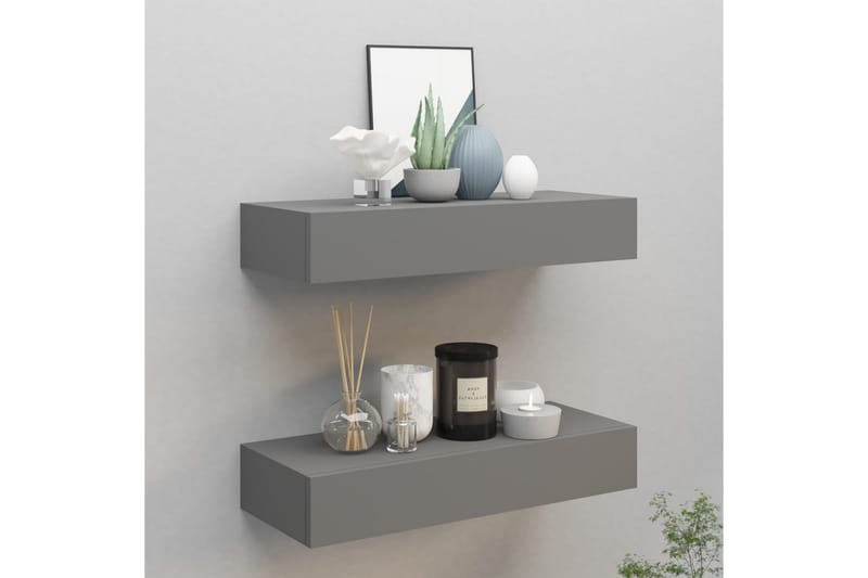 Laatikkohyllyt seinälle 2 kpl harmaa 60x23,5x10 cm MDF - Harmaa - Säilytys - Piensäilytys - Säilytyslaatikko