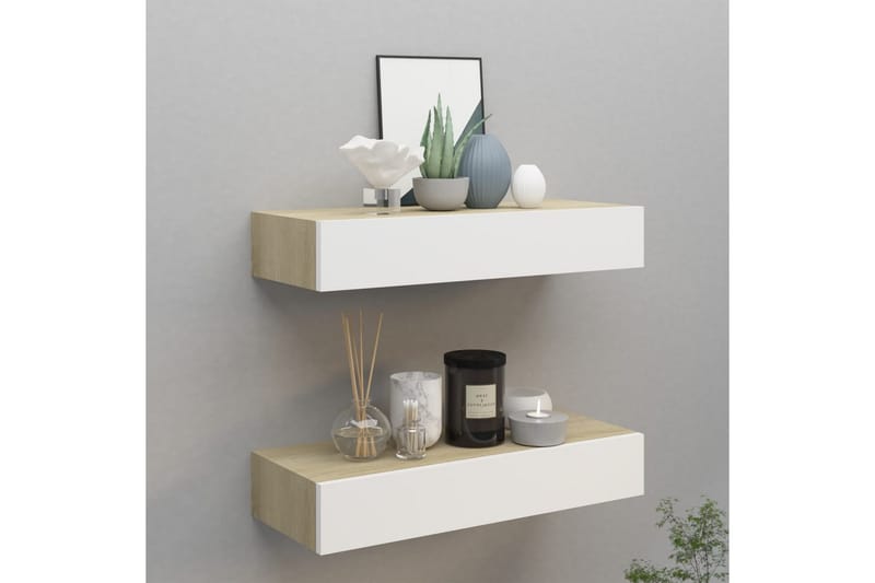 Seinälaatikkohyllyt 2 kpl tammi ja valkoinen 60x23,5x10 cm - Harmaa - Säilytys - Piensäilytys - Säilytyslaatikko